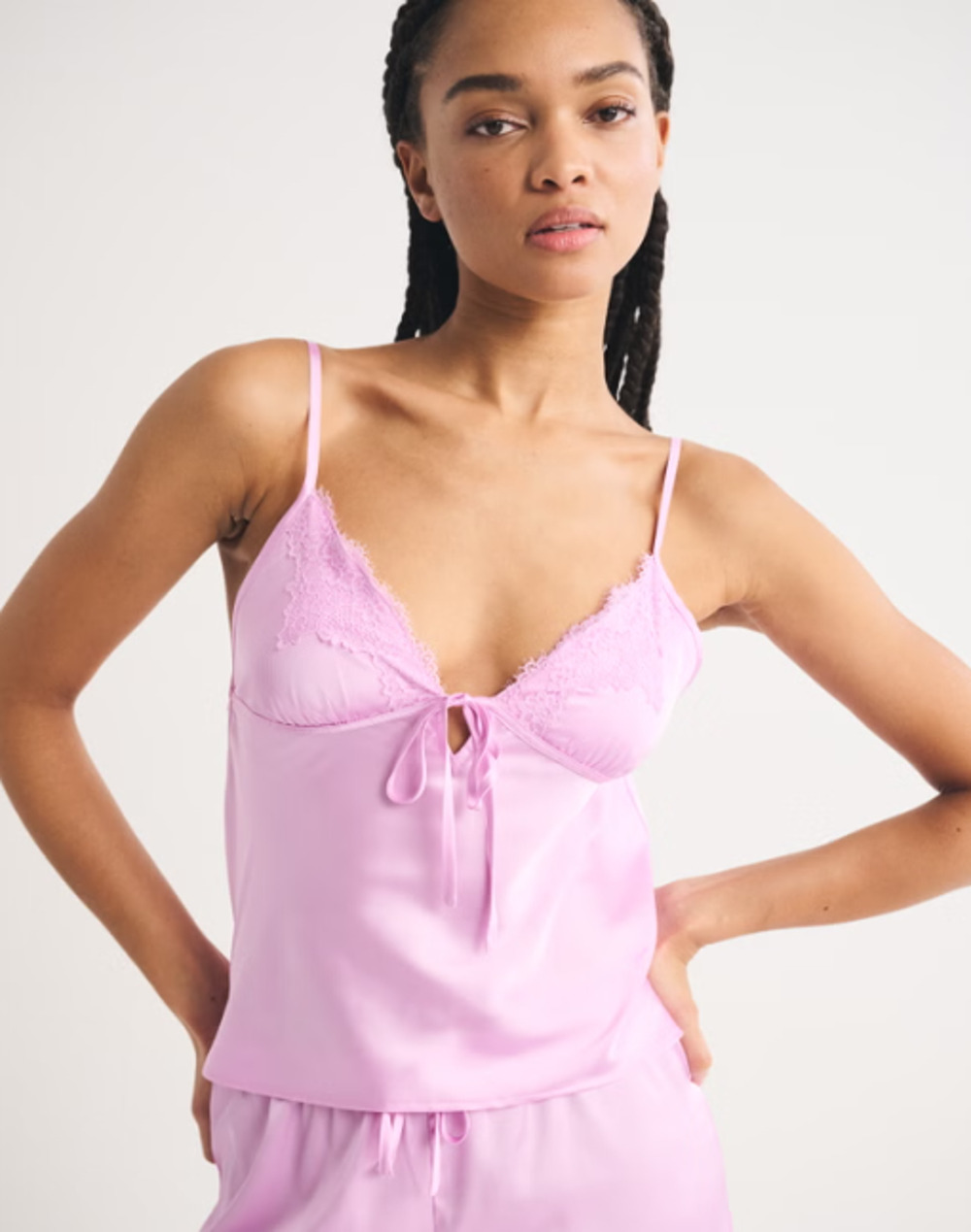 NWT Abercrombie & Fitch Pink Satin Lace Cami Sleep Top Sz S Tie Front Babydoll